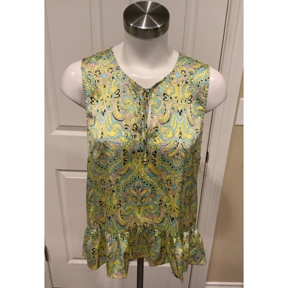 Juicy Couture Yellow Pink Blue Paisley Tie Neck Peplum Tank Top, Size 8